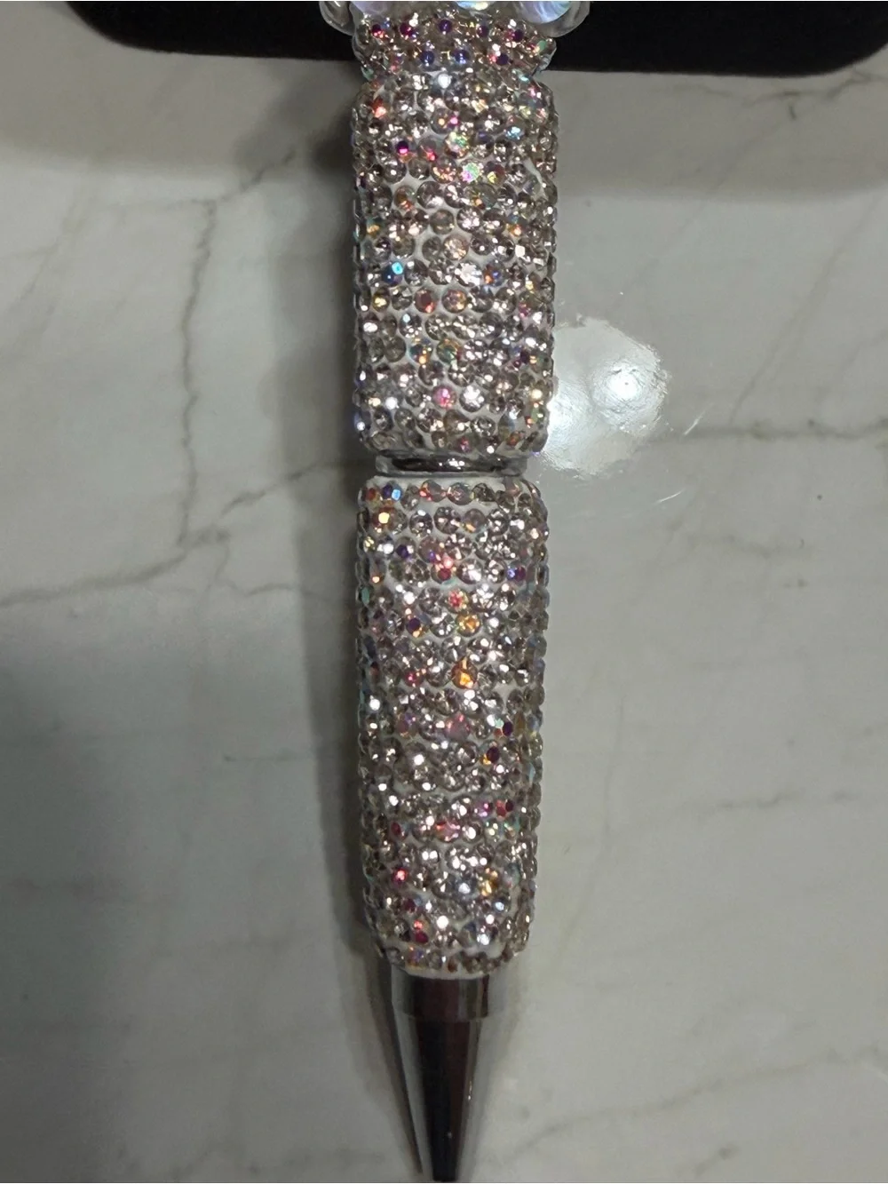 Crystal-Embellished Ballpoint Pen in White/Silver - Luxury Desk Accent